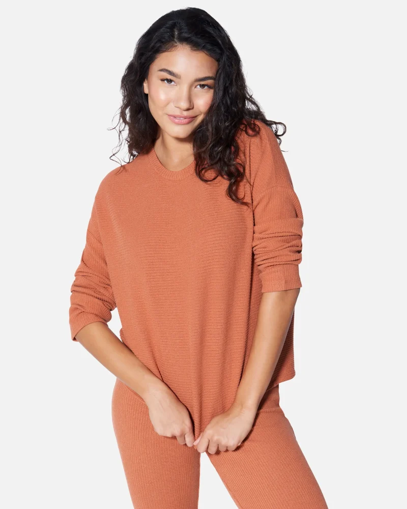 cozy long sleeve fleece top with ribbed detail scaled